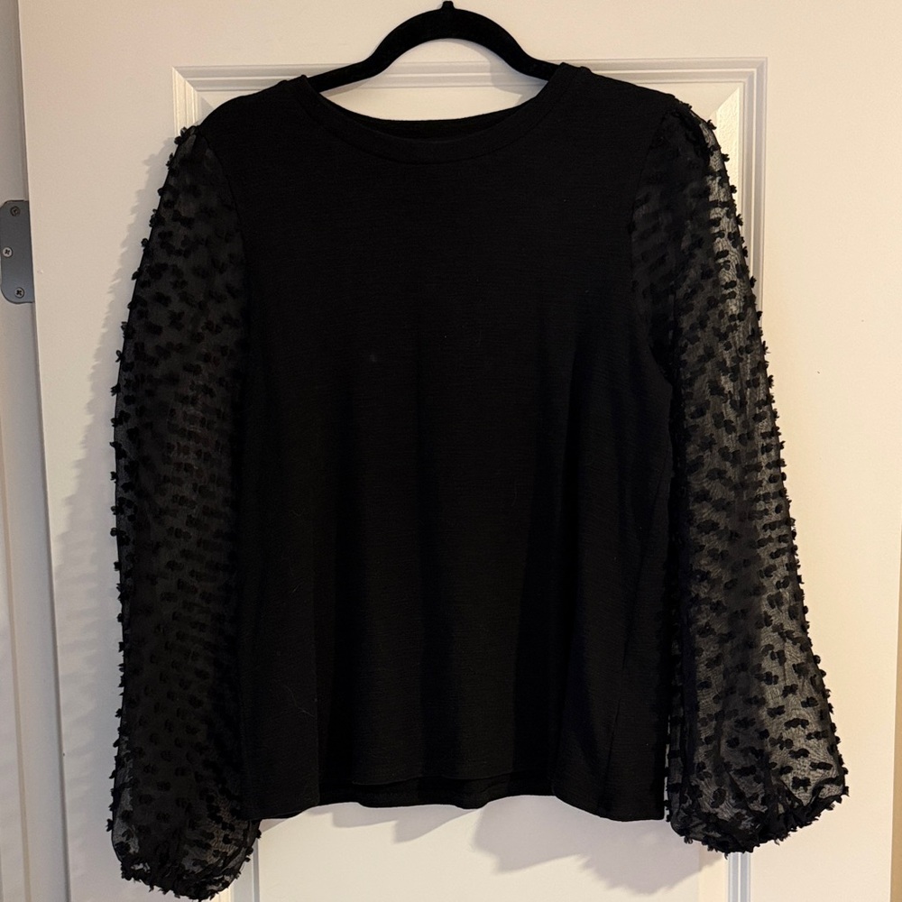 Anthropologie Black Puff-Sleeve Sheer Dot Long-Sleeve Top